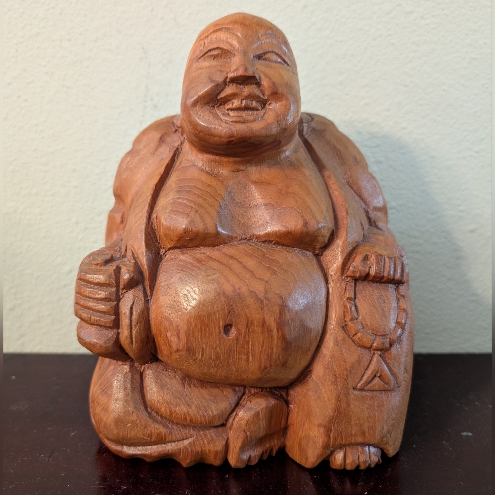 Vintage Carved Wood Laughing Fat Good Luck BUDDHA Statue
